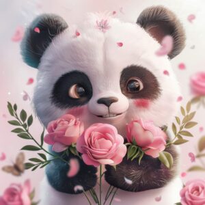 a cute panda holding pink flowers in his hands cute dp by dp pic ()