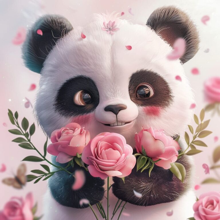 a cute panda holding pink flowers in his hands cute dp by dp pic ()