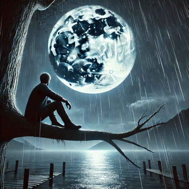 a man sitting on the branch of tree alone in rainy night and looking moon