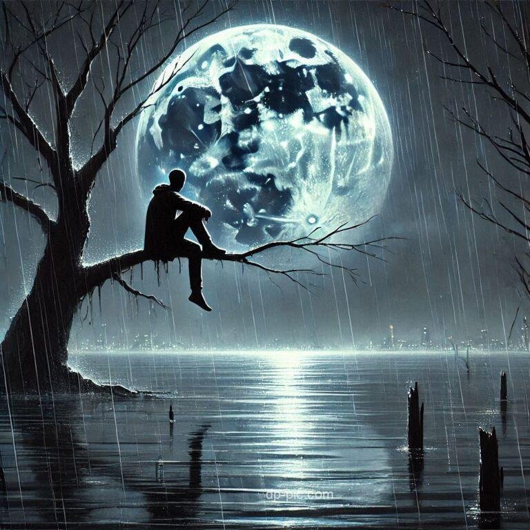 alone man sitting on branch of tree and tree in water and looking night moon in rain