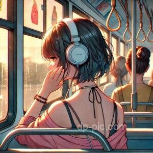 anine girl listening music with headphone