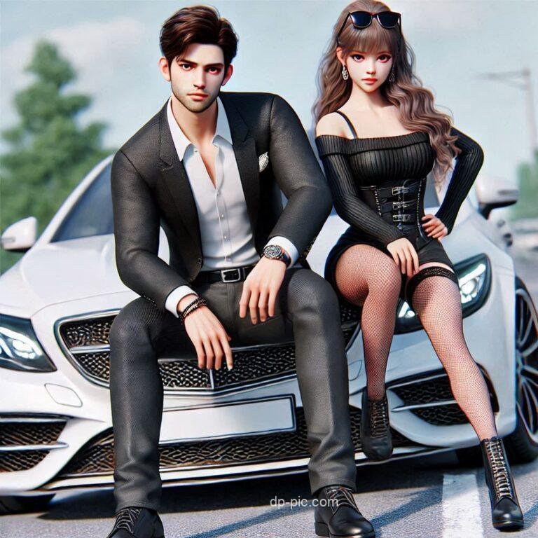 boy in piece and girl in black dress sitting on white car, best romantic love dp