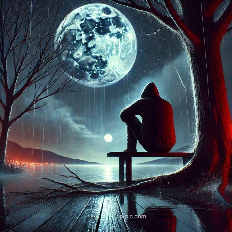 man sitting in sadness alone near tree and looking moon in rainy night