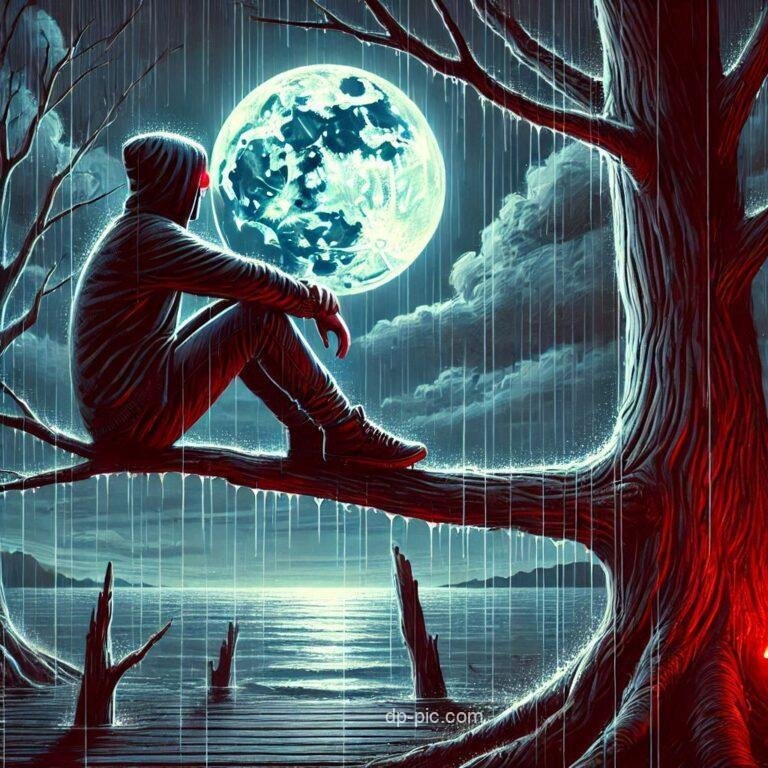 man sitting on branch of tree in sadness and looking moon in rain