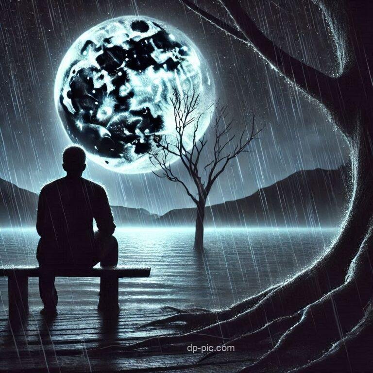 sad man sitting in sadness dpz on banch near of tree in rainy night