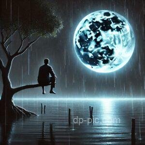 sad man sitting on branch of tree and looking moon in rain