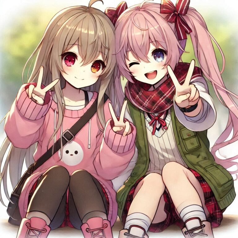 two girls together doing victory sign , new anime friends pfp ()