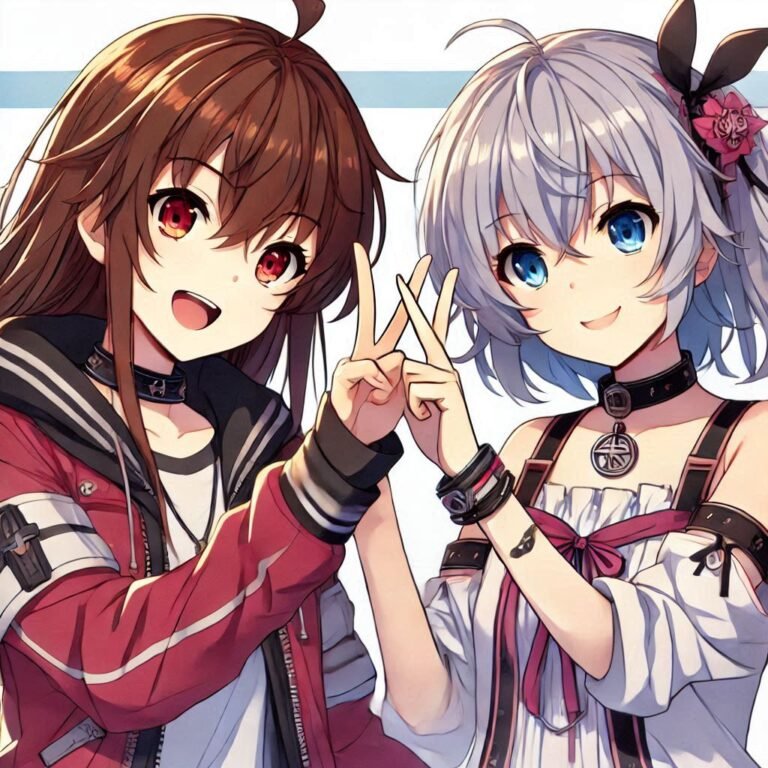 two girls together doing victory sign , new anime friends pfp ()