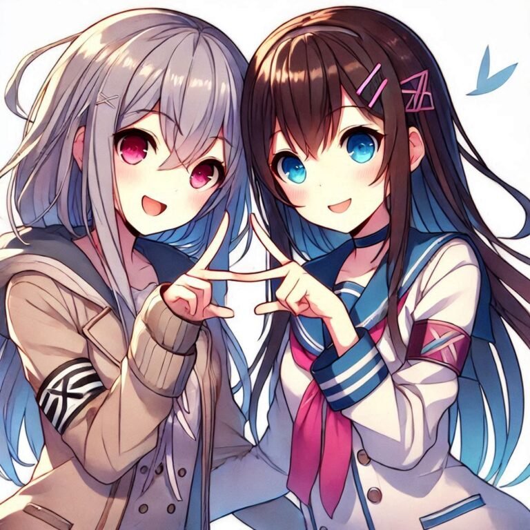 two girls together doing victory sign , new anime friends pfp ()