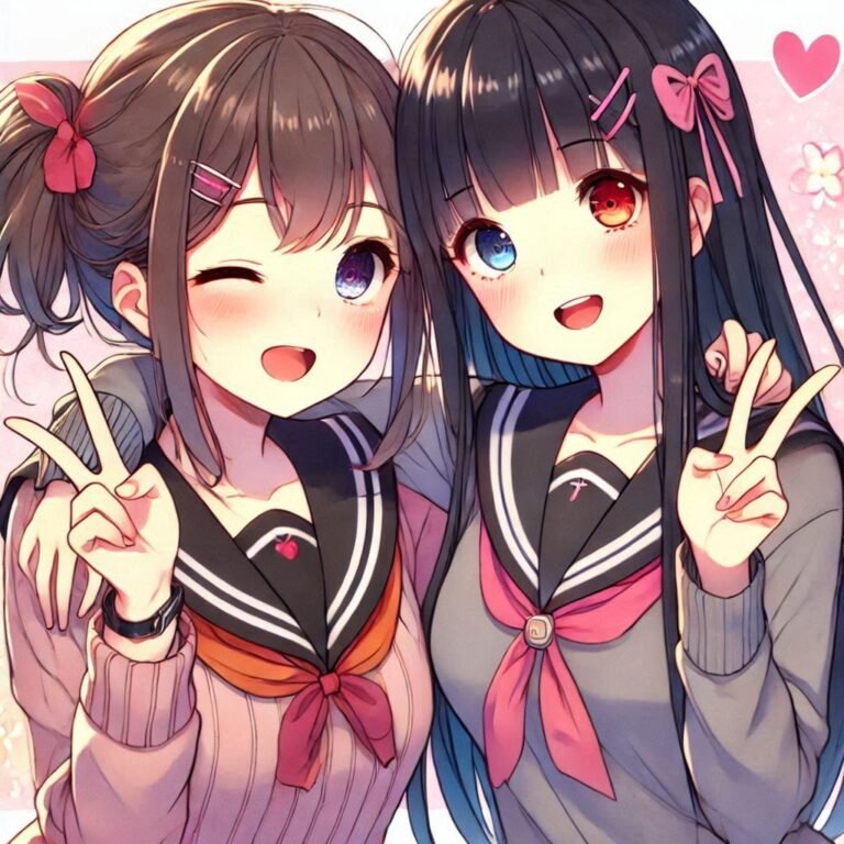 two girls together doing victory sign , new anime friends pfp ()