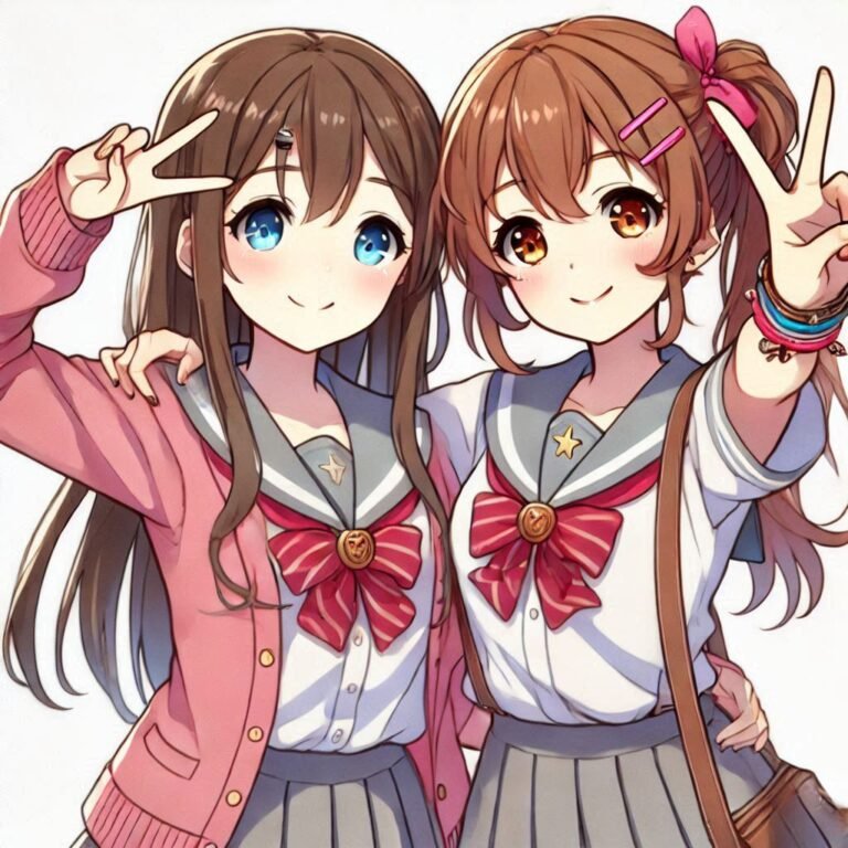 two girls together doing victory sign , new anime friends pfp ()