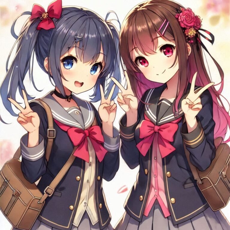 two girls together doing victory sign , new anime friends pfp ()