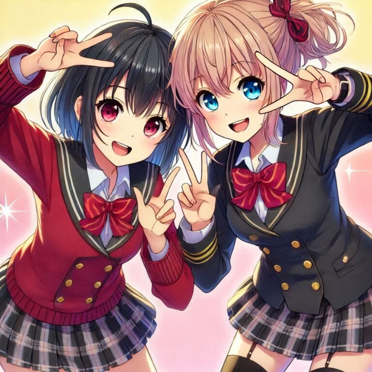 two girls together doing victory sign , new anime friends pfp ()