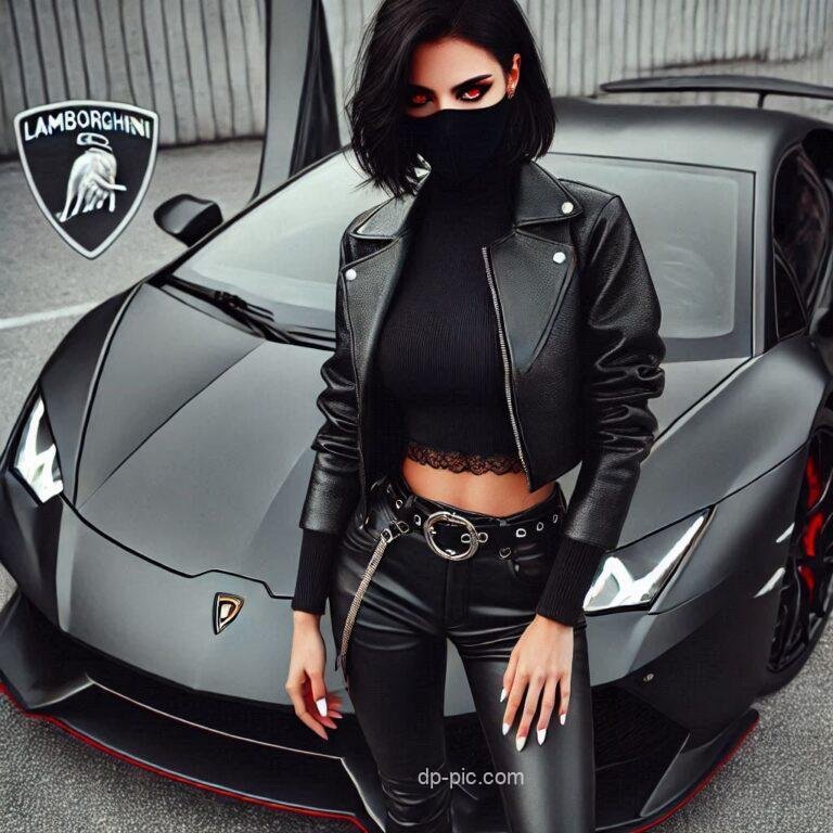 young girl in black jacket near her super car best dp for social media