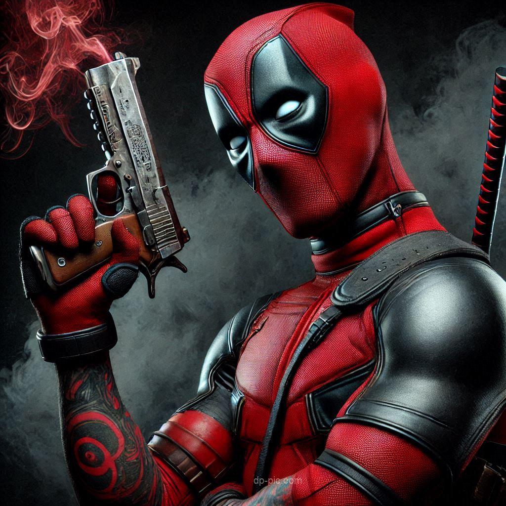 deadpool dp with gun red background hd profile pic