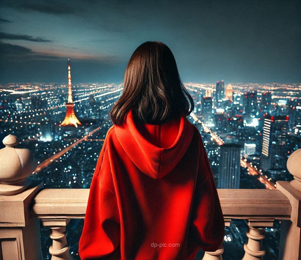 girl in red hoodie standing in attitude in front of city with attitude best hacker attitude dp for girls